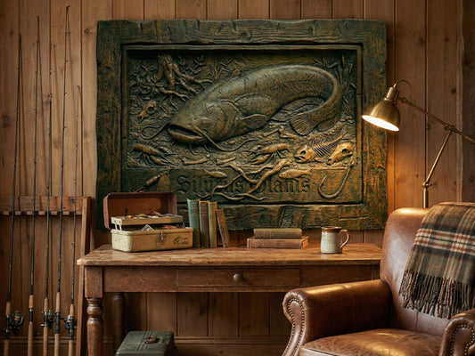 Wels Leinwandbild "Silurus Glanis" in täuschend echter Holzschnitz-Optik
