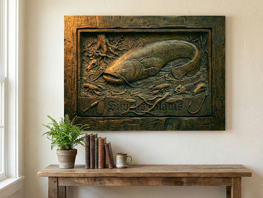 Wels Leinwandbild "Silurus Glanis" in Holzschnitz-Optik