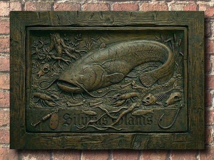 Wels-Leinwandbild-Silurus-Glanis-Holzschnitz-Optik