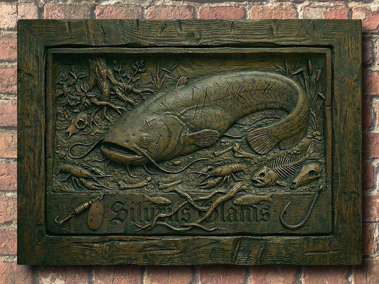 Wels-Leinwandbild-Silurus-Glanis-Holzschnitz-Optik